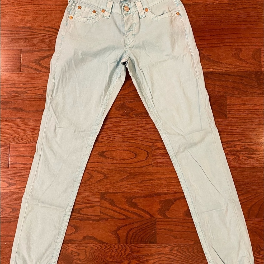 True Religion Brand Jeans Brianna Sz 27 Light Teal USA Button Fly Cotton/Spandex